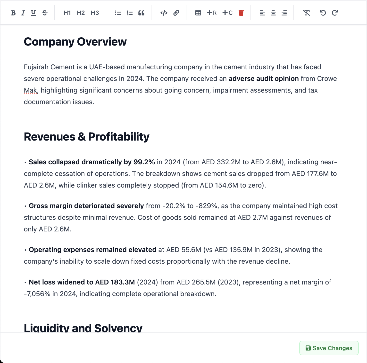AI-generated credit memo example showing executive summary and financial analysis
